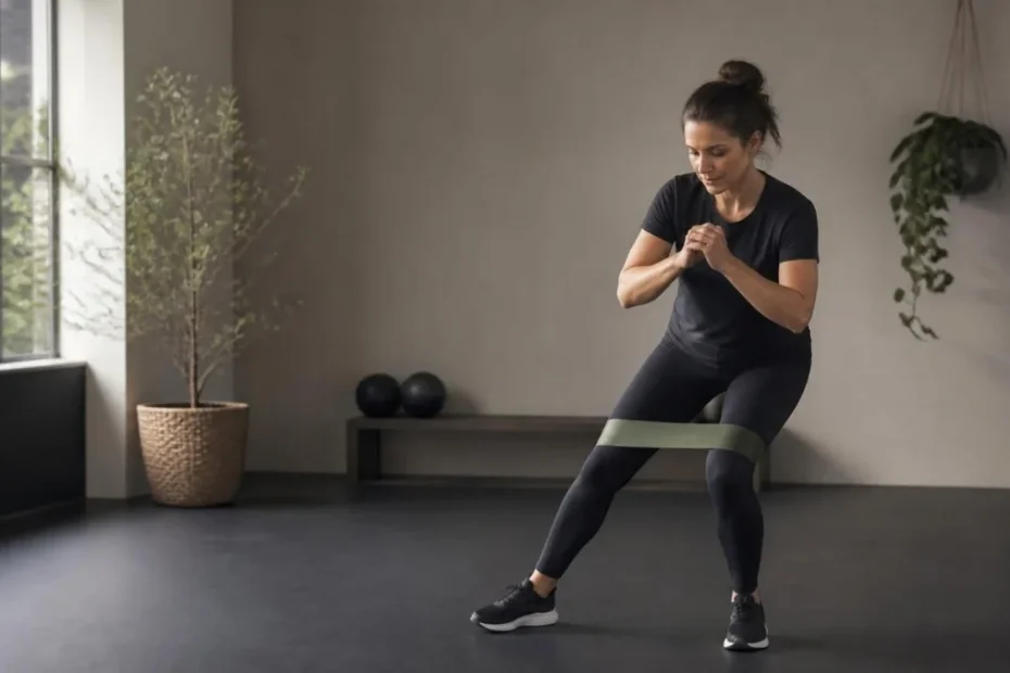 Donna che esegue un esercizio per le gambe con elastico durante un allenamento su misura per lipedema e ritenzione