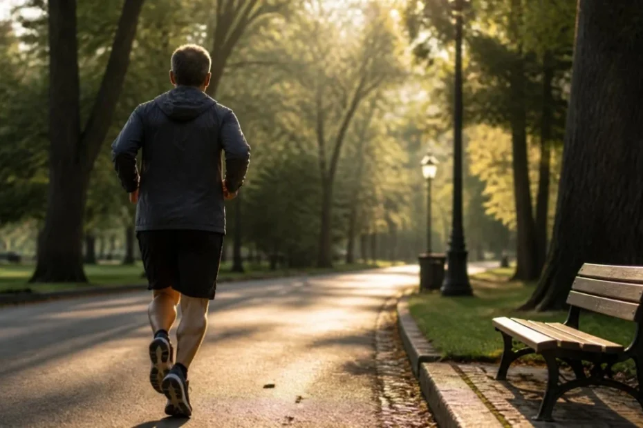 Uomo che corre al mattino in un parco: il movimento quotidiano per mantenersi in forma