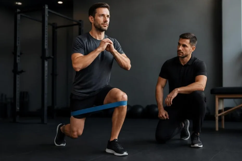Esercizio di rinforzo del ginocchio con elastico seguito da un personal trainer dopo lesione a menisco o legamenti